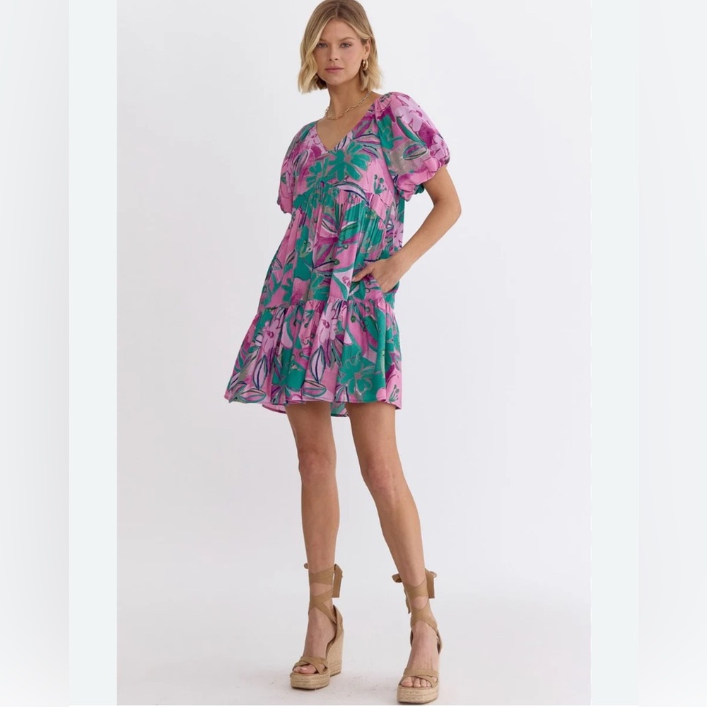 entro Pink & Green Floral Puff-Sleeve Mini Dress